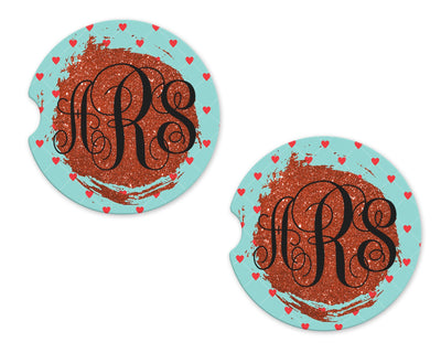 Red Hearts with Glitter Personalized Sandstone Car Coasters (Set of Two)