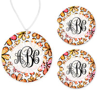 Red and Yellow Floral Monogram Car Charm and set of 2 Sandstone Car Coasters - Sew Lucky Embroidery