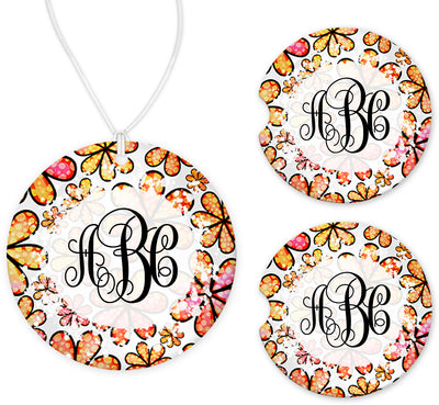 Red and Yellow Floral Monogram Car Charm and set of 2 Sandstone Car Coasters