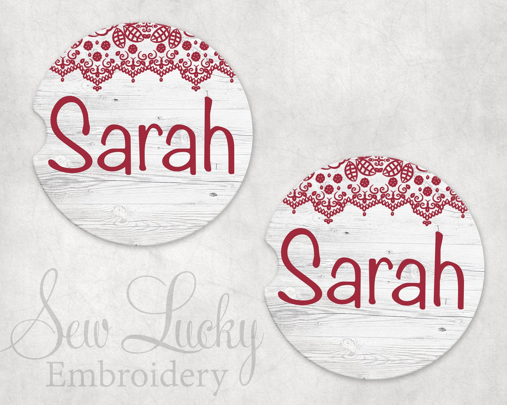 Redwork Sandstone Car Coasters - Sew Lucky Embroidery