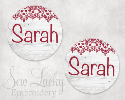 Red Work Personalized Sandstone Car Coasters (Set of Two)