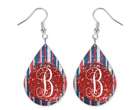 Red White and Blue Glitter Monogrammed Teardrop Earrings