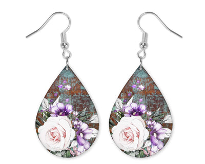 Rose on Distressed Wood Teardrop Earrings