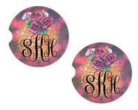 Roses and Glitter Personalized Sandstone Car Coasters - Sew Lucky Embroidery