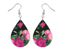 Roses on Black Teardrop Earrings