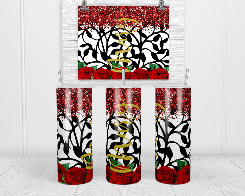 Roses and Glitter Personalized 20 oz Insulated Tumbler with Lid and Straw - Sew Lucky Embroidery