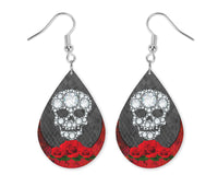 Roses with Diamond Skull Teardrop Earrings