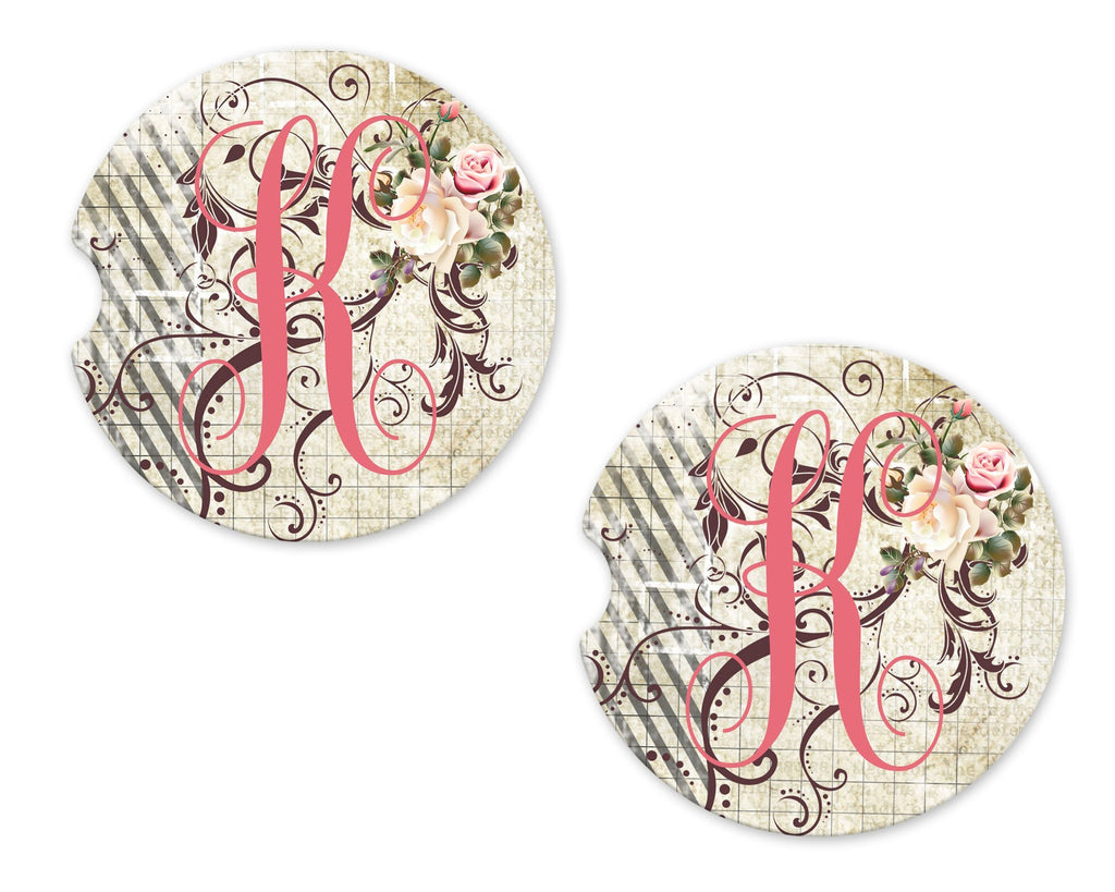 Rustic Floral Personalized Sandstone Car Coasters - Sew Lucky Embroidery