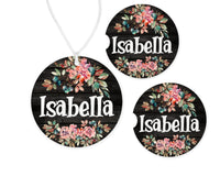 Rustic Flowers Car Charm and set of 2 Sandstone Car Coasters Personalized - Sew Lucky Embroidery