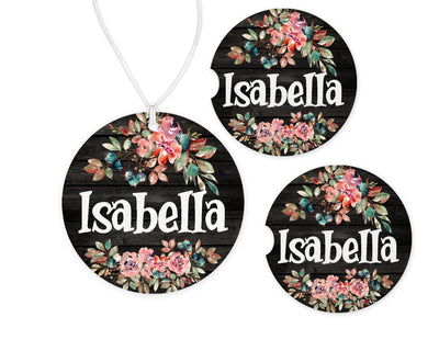 Rustic Flowers Car Charm and set of 2 Sandstone Car Coasters Personalized