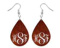 Rustic Leather Design Monogrammed Teardrop Earrings