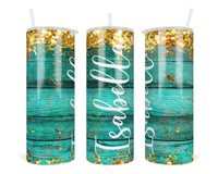 Rustic Wood and Glitter Personalized 20 oz Insulated Tumbler with Lid and Straw - Sew Lucky Embroidery