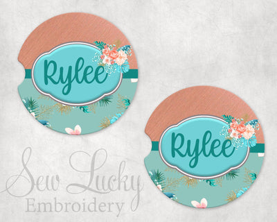 Sage Floral Personalized Sandstone Car Coasters (Set of Two)
