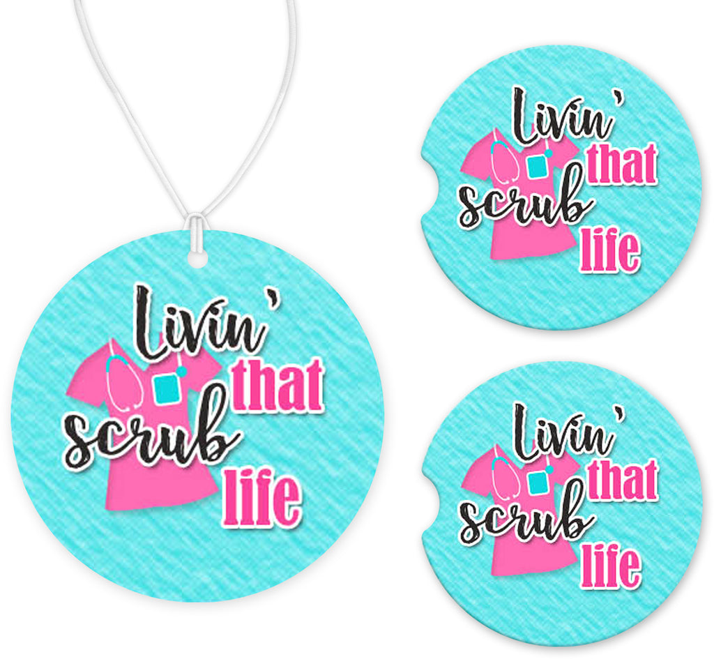 Livin' the Scrub Life Teal Car Charm and set of 2 Sandstone Car Coasters - Sew Lucky Embroidery