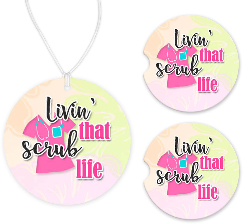 Livin' the Scrub Life Yelllow Car Charm and set of 2 Sandstone Car Coasters - Sew Lucky Embroidery