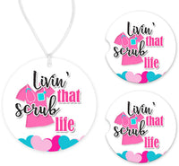 Livin' the Scrub Life Hearts Car Charm and set of 2 Sandstone Car Coasters - Sew Lucky Embroidery