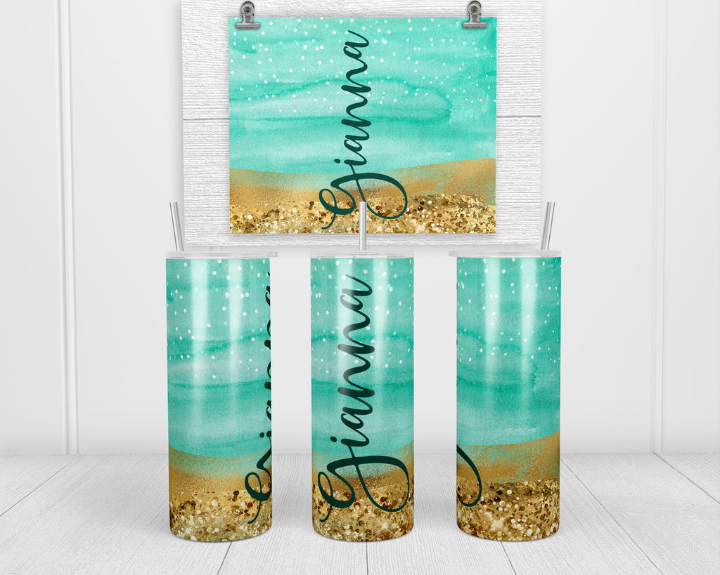 Seacrest and Gold Glitter Personalized 20 oz Insulated Tumbler with Lid and Straw - Sew Lucky Embroidery