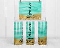 Seacrest and Gold Glitter Personalized 20 oz Insulated Tumbler with Lid and Straw - Sew Lucky Embroidery