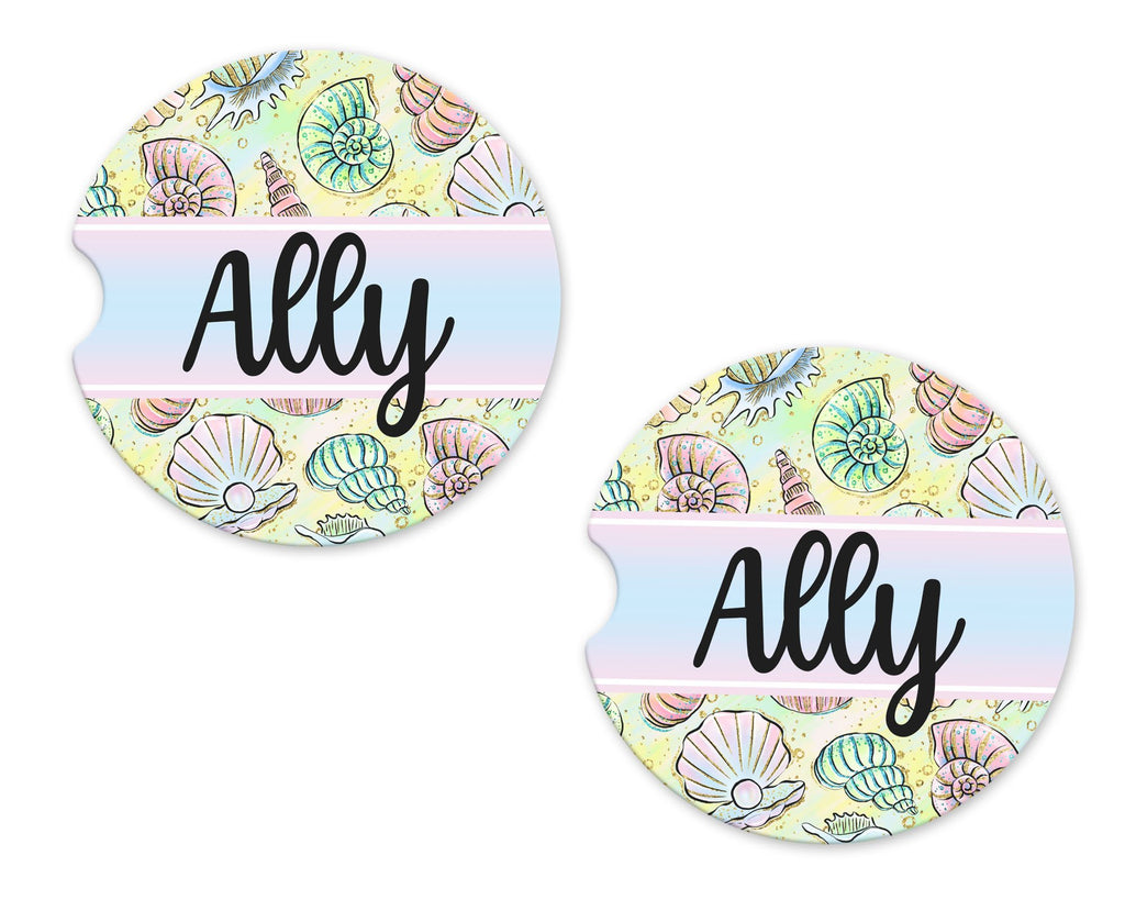 Sea Shells Sandstone Car Coasters - Sew Lucky Embroidery