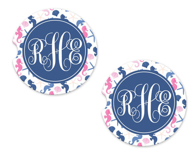 Sea Theme Monogramed Sandstone Car Coasters (Set of Two)