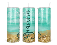 Seacrest and Gold Glitter Personalized 20 oz Insulated Tumbler with Lid and Straw - Sew Lucky Embroidery