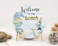 Seahorse Welcome to the Beach Tier Tray Sign and Stand - Sew Lucky Embroidery