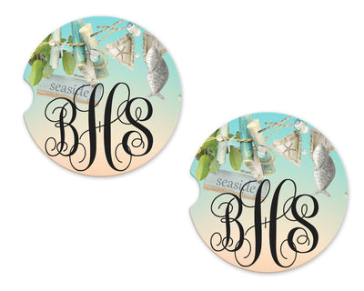 Seaside Monogrammed Sandstone Car Coasters (Set of Two)
