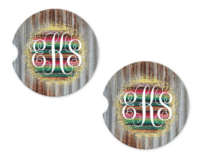 Serape Green Glitter Personalized Sandstone Car Coasters (Set of Two)