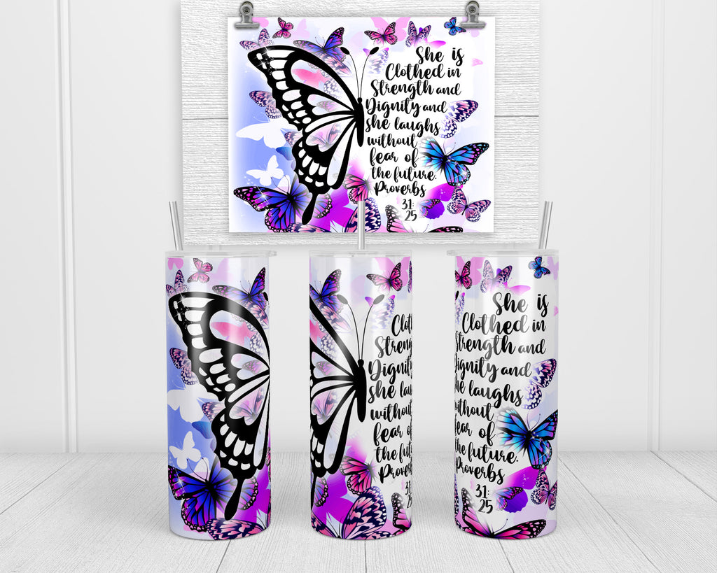 She is Clothed in Strength 20 oz Insulated Tumbler with Lid and Straw - Sew Lucky Embroidery