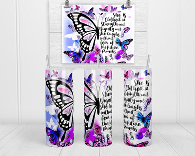 Faith Love Hope Purple Butterfly 20 oz insulated tumbler with lid and straw