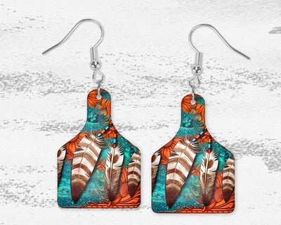 Southwestern Feathers Cow Tag Earrings