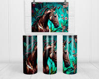 Stained Glass Floral Horse 20 oz insulated tumbler with lid and straw - Sew Lucky Embroidery
