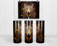 Stained Glass Floral Wolf  20 oz insulated tumbler with lid and straw - Sew Lucky Embroidery