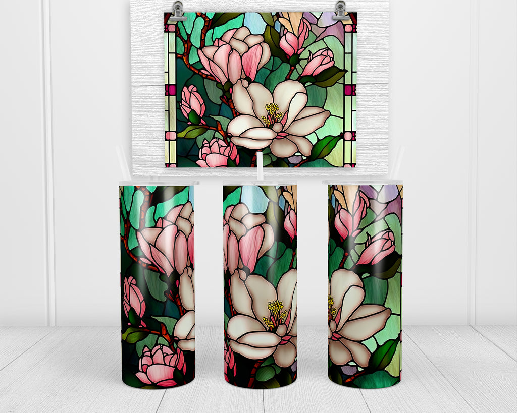 Stained Glass Magnolia 20 oz insulated tumbler with lid and straw - Sew Lucky Embroidery
