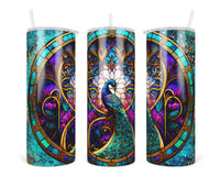 Stained Glass Peacock 20 oz insulated tumbler with lid and straw - Sew Lucky Embroidery