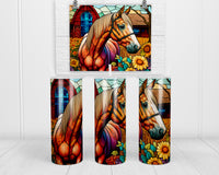 Stained Glass Sunflowers Horse 20 oz insulated tumbler with lid and straw - Sew Lucky Embroidery