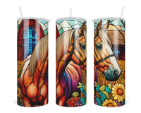 Stained Glass Sunflowers Horse 20 oz insulated tumbler with lid and straw - Sew Lucky Embroidery