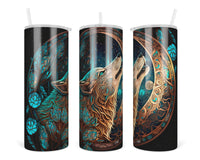 Stained Glass Wolf  20 oz insulated tumbler with lid and straw - Sew Lucky Embroidery