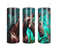 Stained Glass Floral Horse 20 oz insulated tumbler with lid and straw - Sew Lucky Embroidery