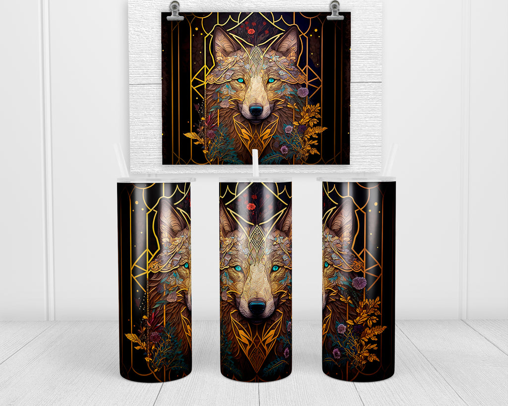 Stained Glass Floral Wolf  20 oz insulated tumbler with lid and straw - Sew Lucky Embroidery