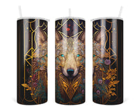 Stained Glass Floral Wolf  20 oz insulated tumbler with lid and straw - Sew Lucky Embroidery