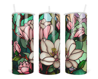 Stained Glass Magnolia 20 oz insulated tumbler with lid and straw - Sew Lucky Embroidery