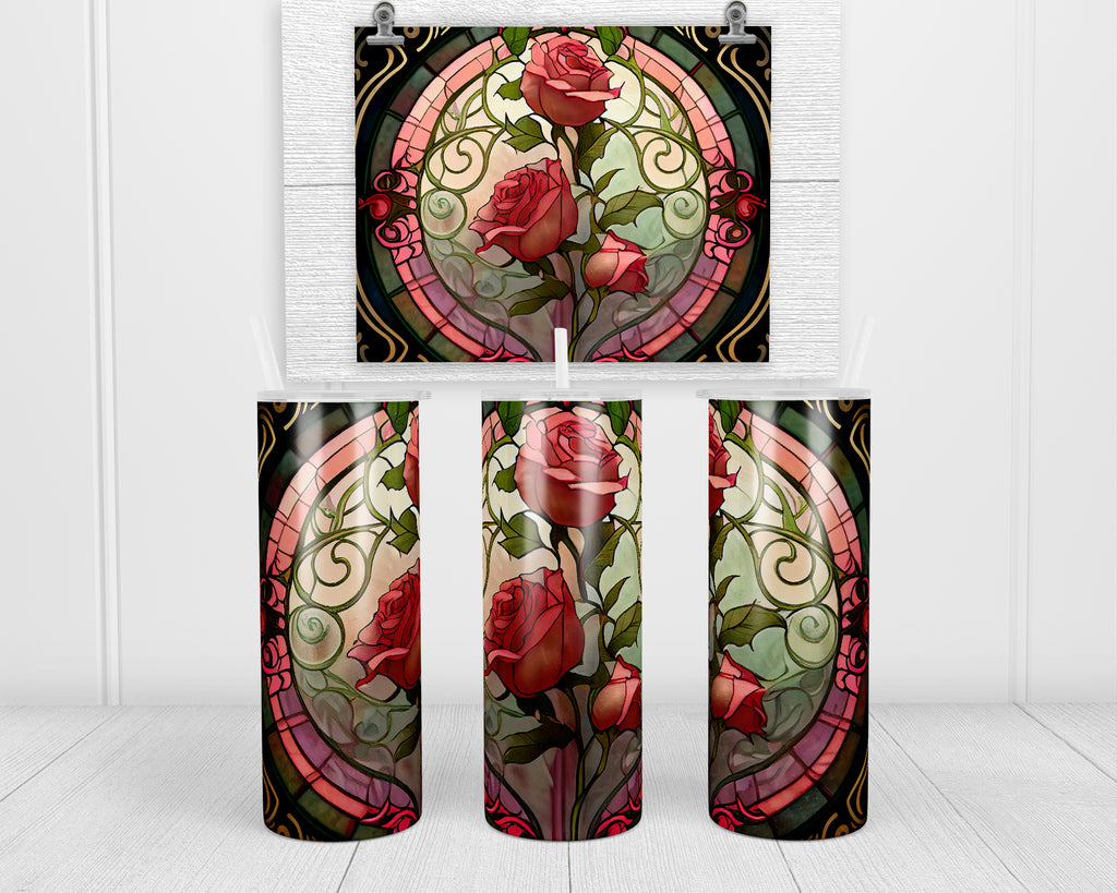 Stained Glass Roses 20 oz insulated tumbler with lid and straw - Sew Lucky Embroidery
