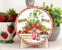 Strawberry Gnome Tier Tray Sign and Stand - Sew Lucky Embroidery