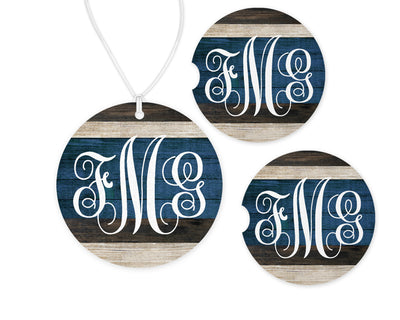 Stripes Car Charm and set of 2 Sandstone Car Coasters Personalized