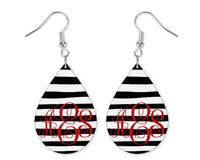 Black and White Stripes Monogrammed Teardrop Earrings