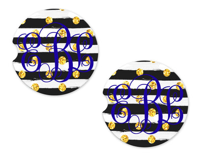 Stripes with Gold Jewels Personalized Sandstone Car Coasters (Set of Two)