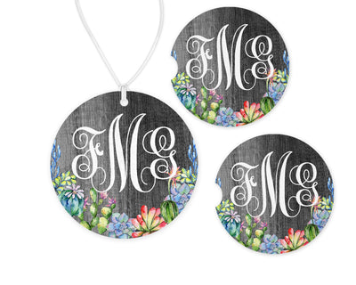 Succulents Personalized Car Charm and set of 2 Sandstone Car Coasters Personalized