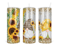 Sunflower Gnome 20 oz insulated tumbler with lid and straw - Sew Lucky Embroidery