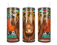 Sunflower Highland Cow 20 oz insulated tumbler with lid and straw - Sew Lucky Embroidery